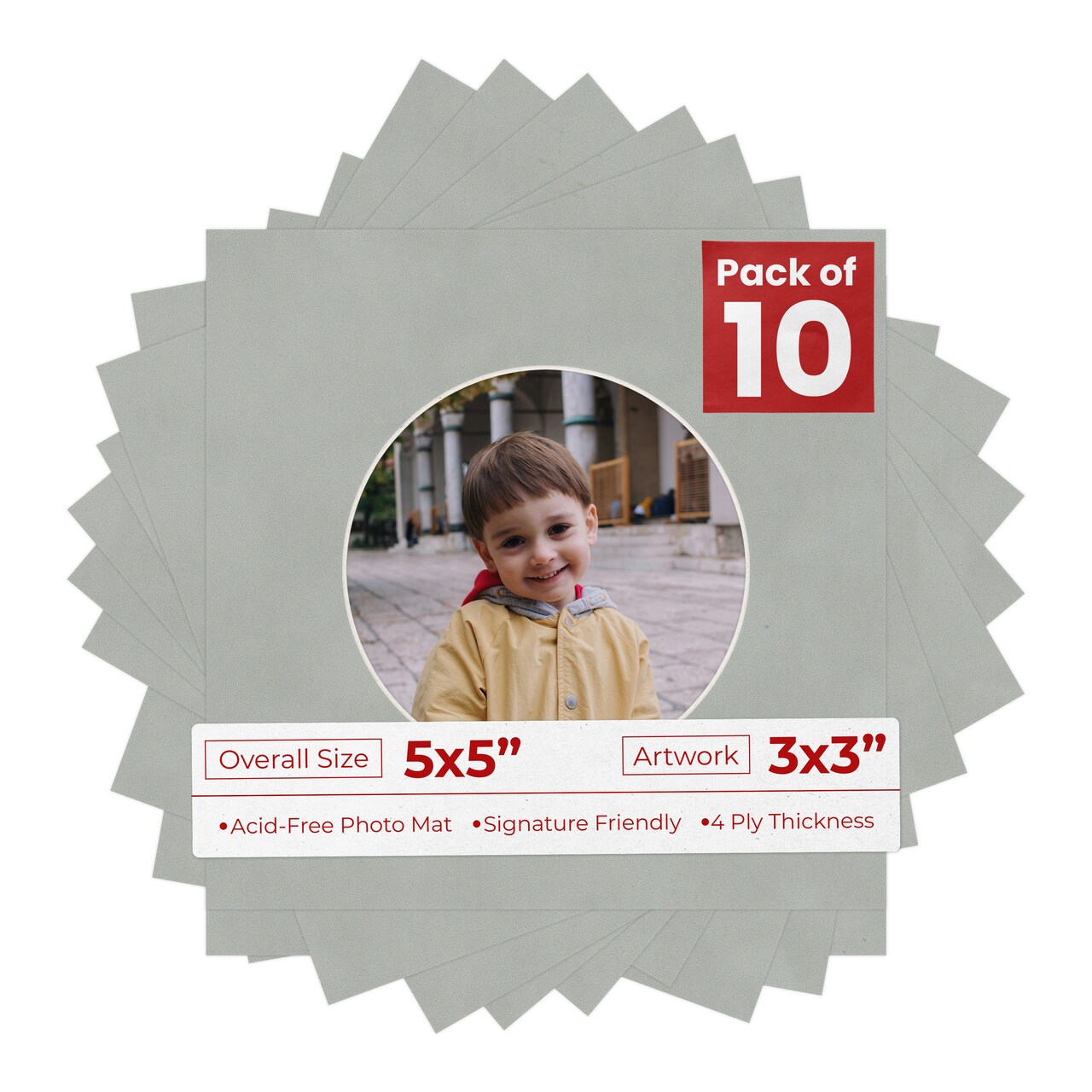 Light Grey Suede Mat Board for 5x5 Inch Frames - Circle Opening for 3x3 Photos